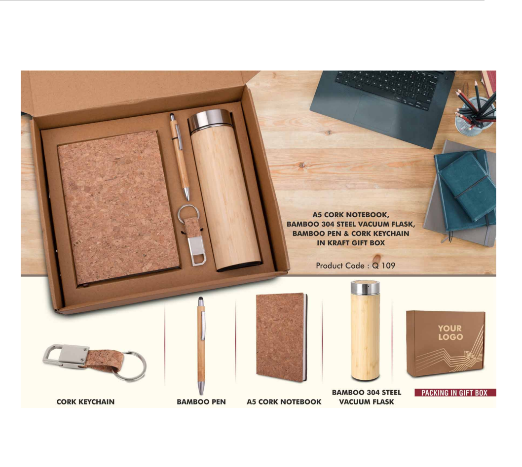 Eco Friendly Welcome kit Bamboo bottle & Pen, Corck key chain and diary