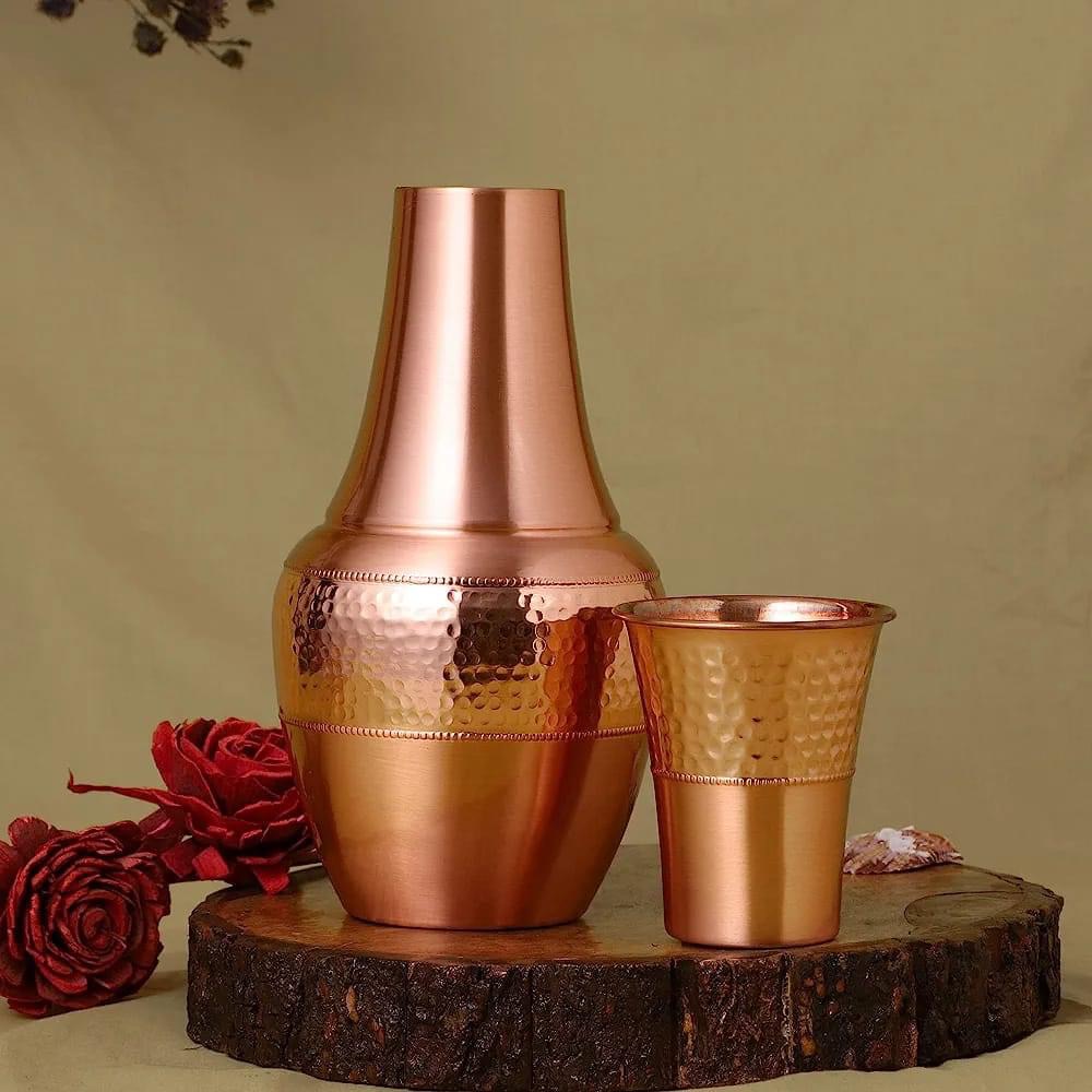 Pure Copper Hammered Lacquer Coated Surai Shaped Bedroom Bottle with a Built-in Glass, 1250 ML, Glass : 250 ml - 1